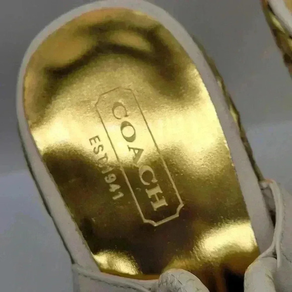 Beautiful! COACH A3259 Blanch Soft Napa White Ankle Strap Gold Wedge Shoes - Picture 3 of 14